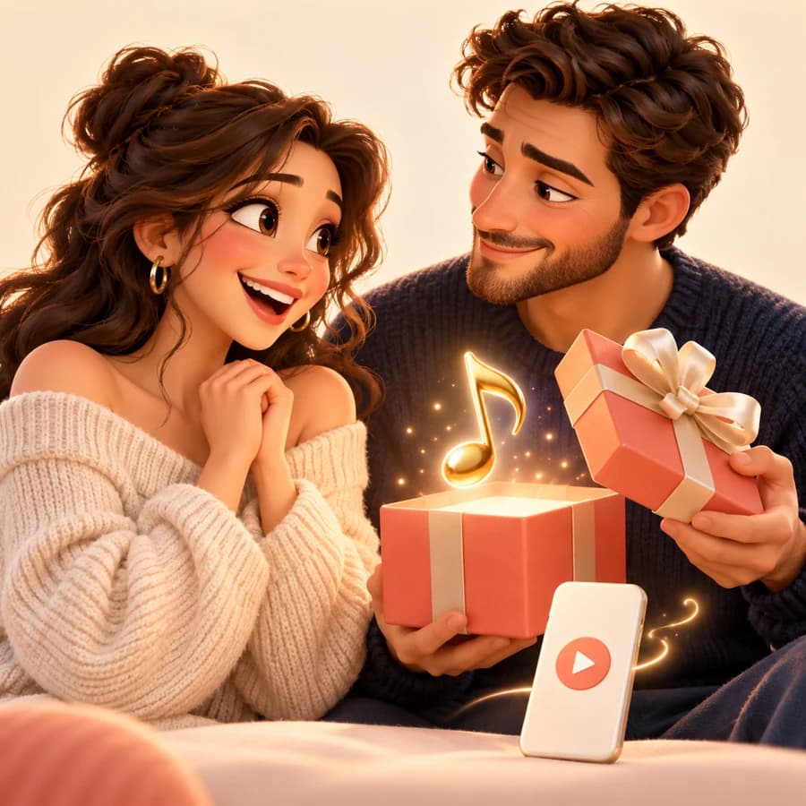 Um casal entrega um presente musical – ilustração 3D